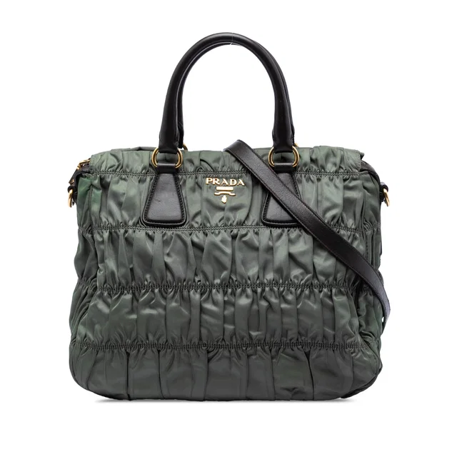 Green Prada Tessuto Gaufre Satchel in Green Nylon from Designer Revival