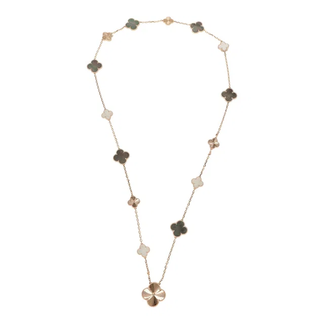 Van Cleef & Arpels Magic Alhambra Transformable 15 Motif Necklace White and Grey MOP 18K Rose Gold Guilloche in White from Madison Avenue Couture