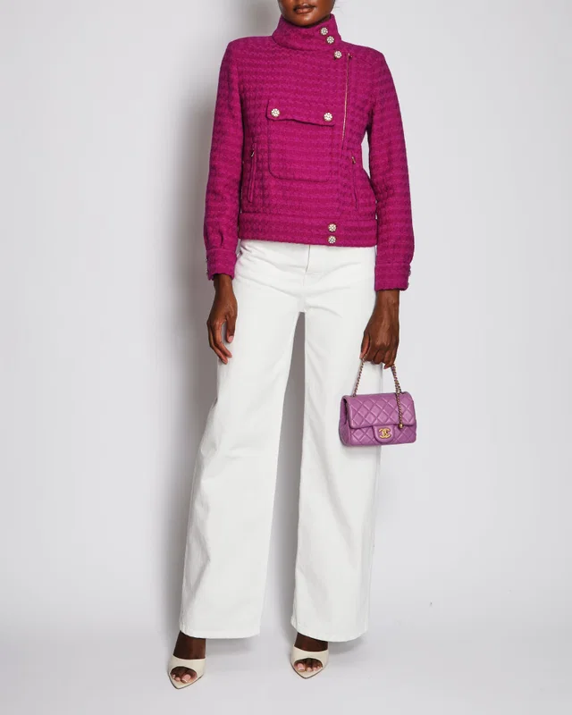 Chanel 19/K Purple Mid Collar Long Sleeve Tweed Jacket Size FR 36 (UK 8) in Purple Tweed from Sellier
