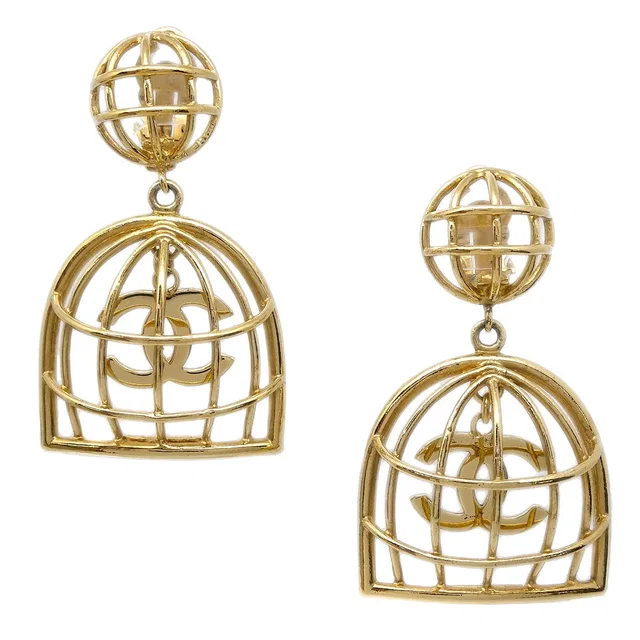 Chanel Birdcage Dangle Earrings Clip-On Gold in Gold from AMORE Vintage Tokyo