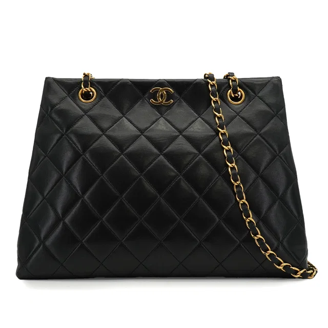 Chanel Vintage Matelasse Chain Shoulder Bag Black Lamb Skin Gold Hardware in Black Leather from Luxury Promise