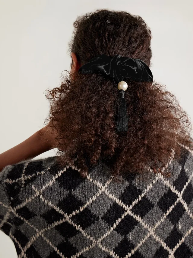 JENNIFER BEHR Isadora tasseled embellished velvet scrunchie in Black, photo 2 of 2 from NET-A-PORTER (Canada)