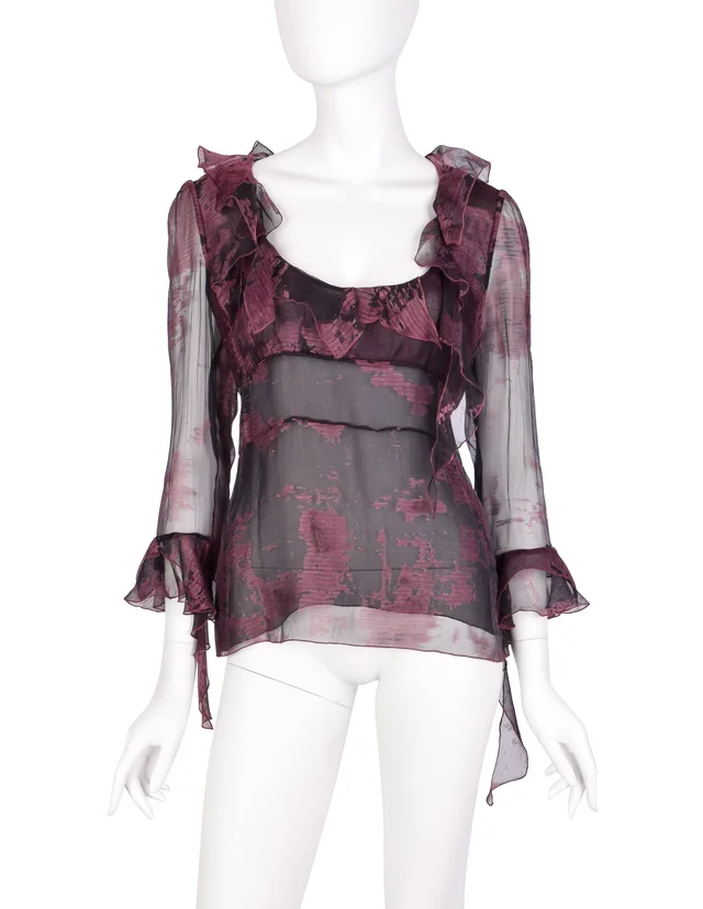Christian Lacroix Vintage Black and Mauve Floral Sheer Silk Chiffon Ruffle Top in Black Silk from Amarcord Vintage Fashion