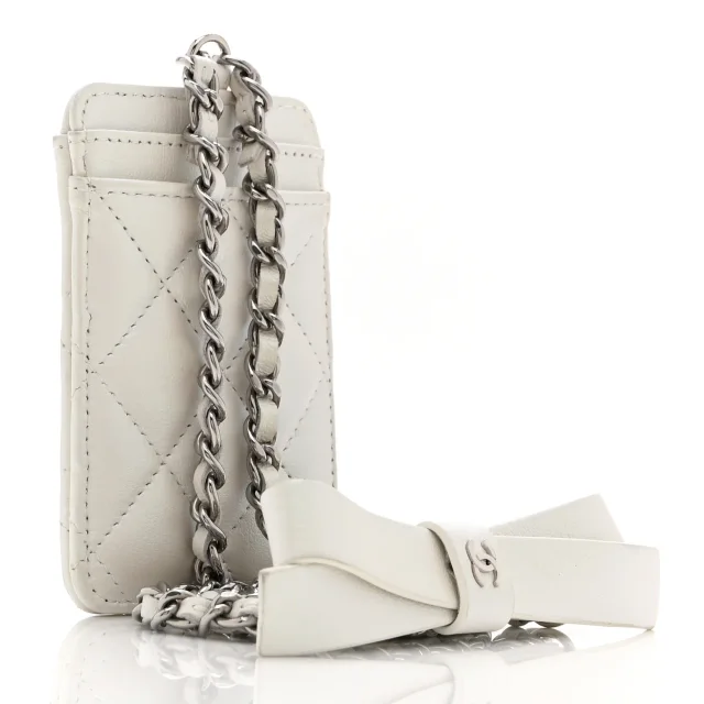 Chanel Iridescent Lambskin Quilted Coco Bow Card Holder On Chain White in White Lambskin from FASHIONPHILE, photo 3 of 9