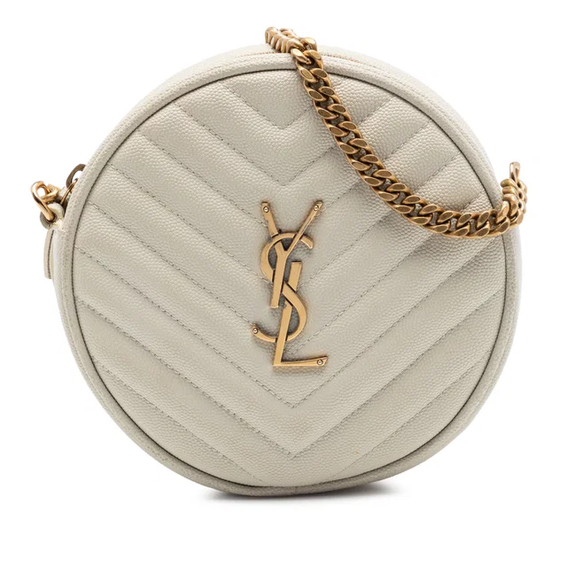 White Saint Laurent Grain De Poudre Chevron Round Vinyle Camera Bag in White Leather from Designer Revival