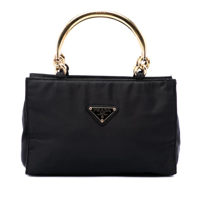 Black Prada Tessuto Metal Handle Bag Handbag in Black Nylon from Designer Revival