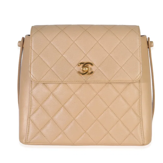 Chanel Vintage 24k Beige Quilted Caviar Cc Shoulder Handbag Leather in Beige Caviar leather from HEWI