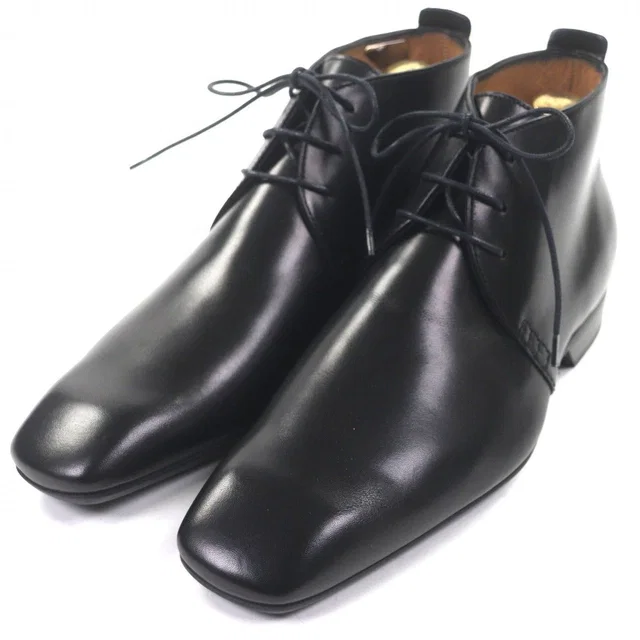 Leather LV Logo Plain Toe Lace Up Ankle Boots Black 6 in Black Leather from The Reluxe