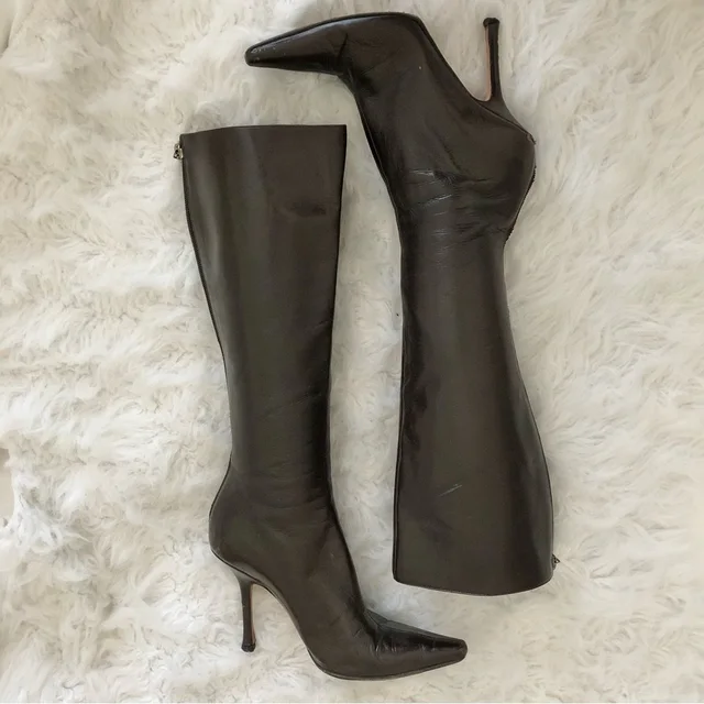 Jimmy Choo Black Leather Over-The-Knee Pointed Toe Stiletto Boots in brown|red Leather from Poshmark, photo 1 of 1