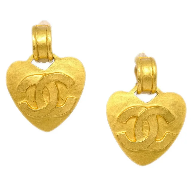 Chanel Dangle Heart Earrings Clip-On Gold 95P in Gold from AMORE Vintage Tokyo