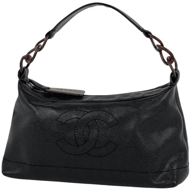 Chanel Shoulder Bag CC Logo Wood Chain Caviar Leather Black in Black Caviar leather from The Reluxe
