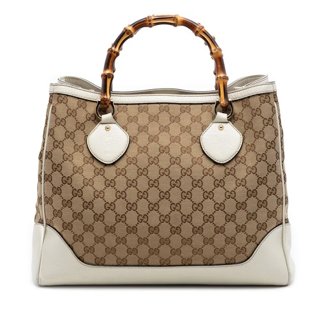 Beige Gucci Medium GG Canvas Bamboo Diana Tote in Beige Canvas from Designer Revival