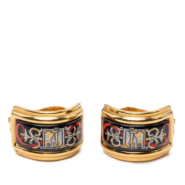 Black Hermès Gold Plated Enamel Cloisonne Clip On Earrings in Black from Designer Revival
