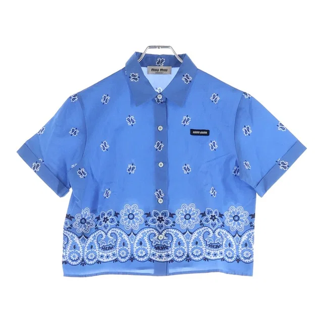 Miu Miu Printed Slub Poplin Shirt Paisley All Over Logo Patch Print Short in Multicolor from The Reluxe