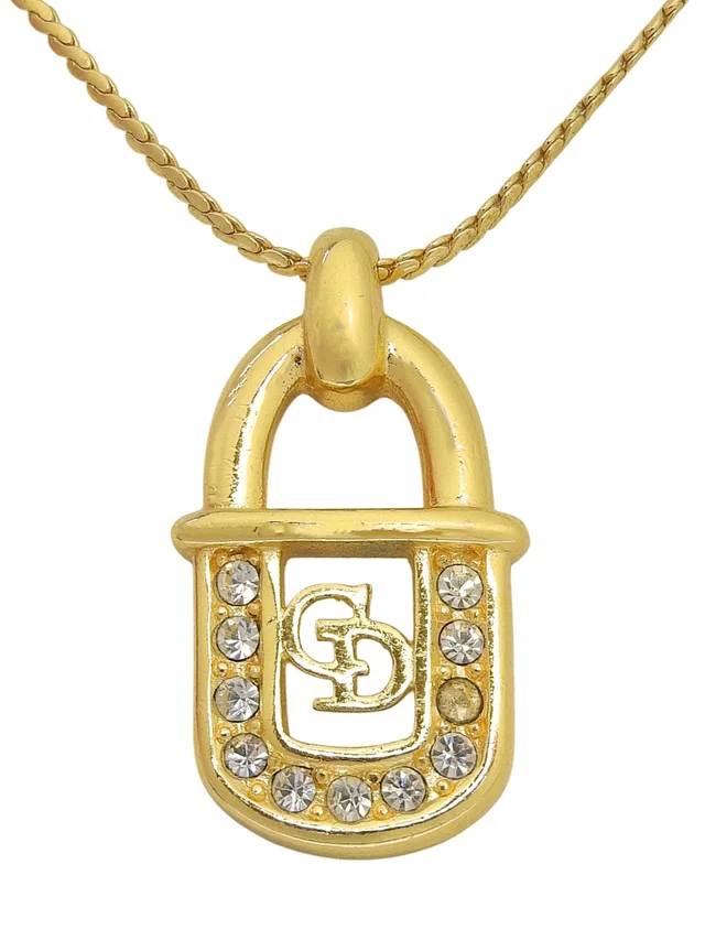 Dior Rhinestone Logo Padlock Motif Necklace Gold in Gold from VINTAGE QOO TOKYO