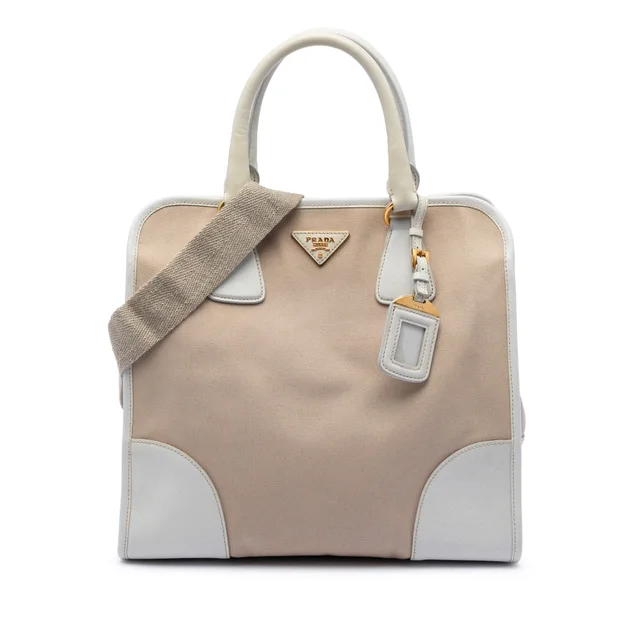 Beige Prada Saffiano Trimmed Canvas Canapa Satchel in Beige Saffiano leather from Designer Revival