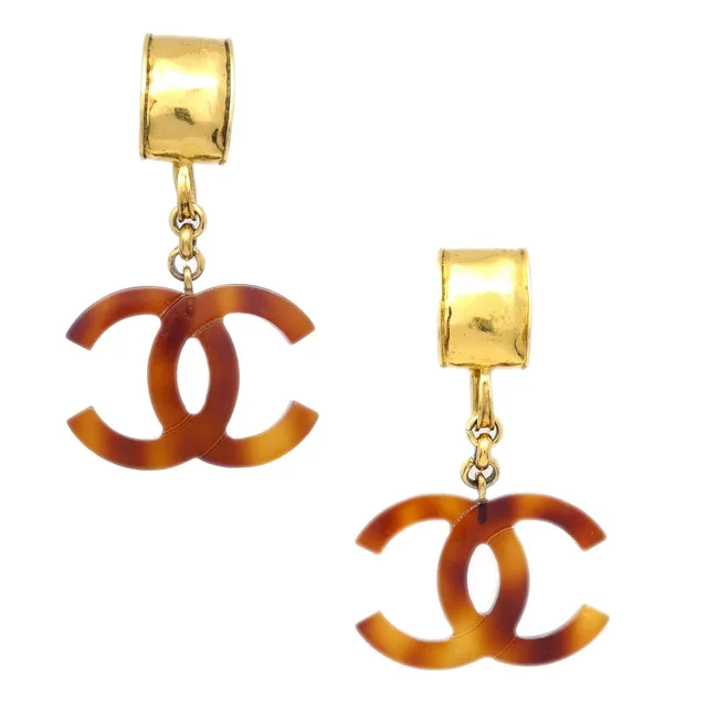 Chanel CC Dangle Earrings Gold Clip-On Brown 94P in Brown Resin from AMORE Vintage Tokyo