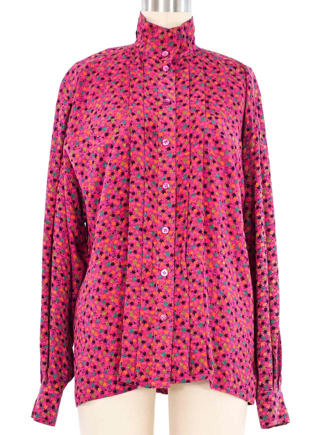 Escada Fuchsia Leaf Print Silk Blouse in Pink Silk from Arcade Vintage