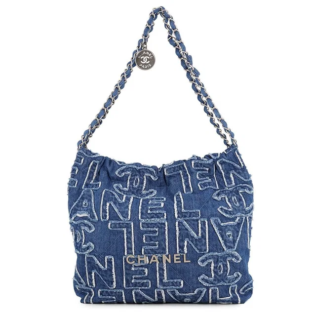 Chain Shoulder Bag Chanel 22 Quilted Logo Small Denim in Denim from The Reluxe