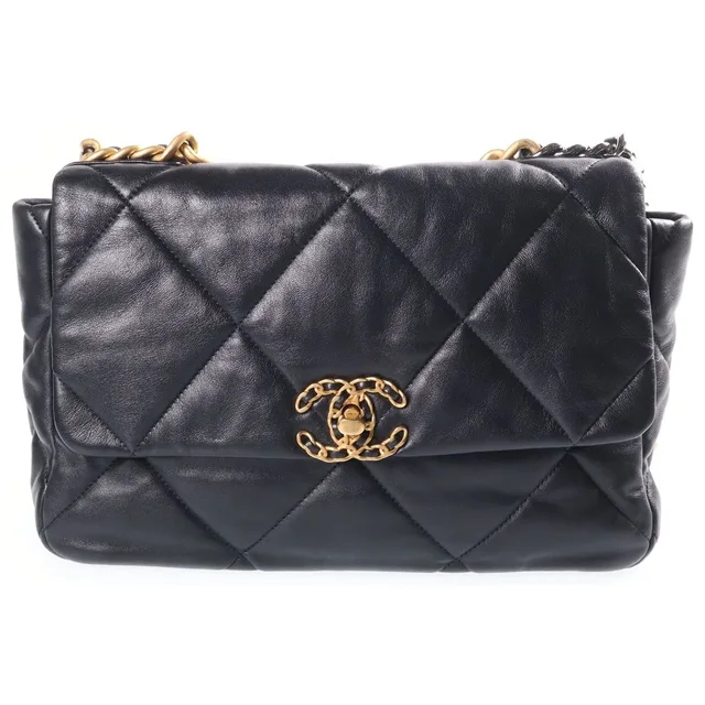Chanel 19 Chain Shoulder Bag Black Lambskin Plate Gold Silver in Black Lambskin from The Reluxe