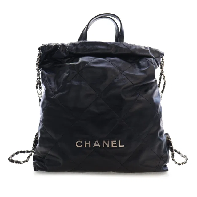 Black Chanel Large Quilted Shiny Calfskin 22 Backpack in Black Calfskin from Designer Revival