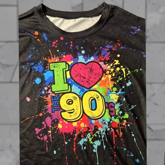 Etro I Heart The 90s Graphic T-Shirt Adult 1XL Black Multicolor Neon Paint Splatter Retro Party Tee… from Grailed
