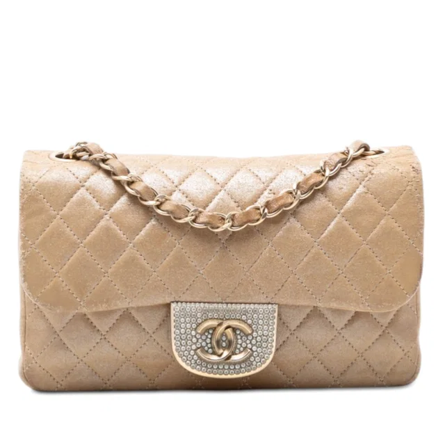Gold Chanel Small Quilted Iridescent Lambskin Pearl CC Crystal Flap Crossbody Bag in Gold Lambskin from Designer Revival