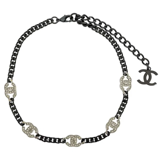 Chanel Choker Chain Pendant CC Logo Rhinestone Gunmetal Black Silver Necklace in Black from The Reluxe