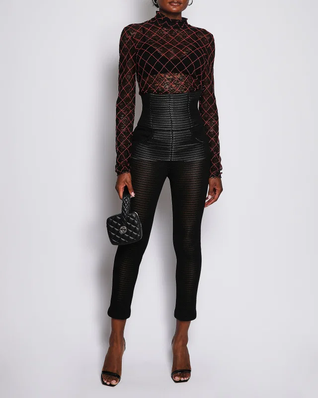 Chanel Black Mesh High Waisted Trousers with Pocket Details Size FR 36 (UK 8) in Black Nylon from Sellier