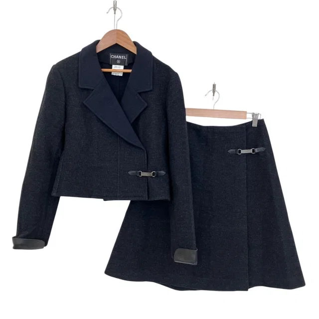 Chanel 00A Vintage Wool Cropped Jacket Wrap Skirt Set Chocol Gray in Grey Wool from The Reluxe