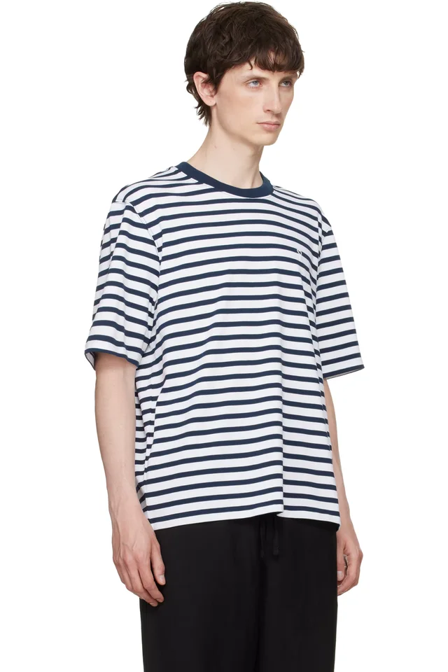 AMI Paris White & Navy Boxy Mariniere 'Ami de Coeur' T-shirt, photo 2 of 4 from SSENSE
