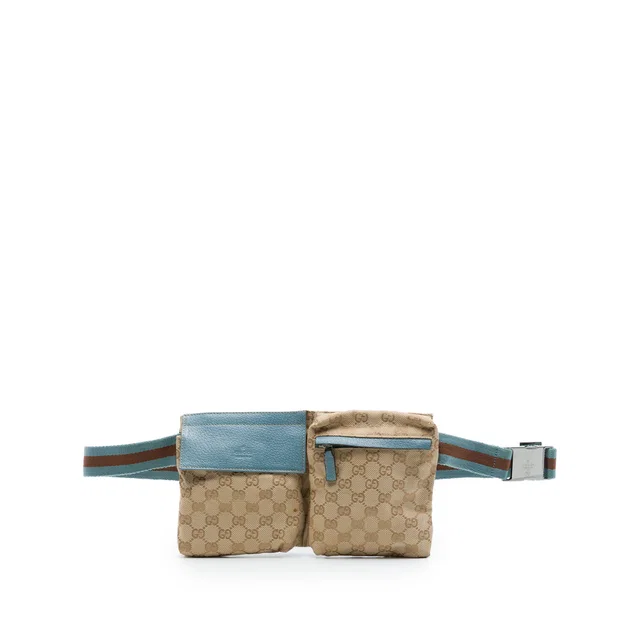 Beige Gucci GG Canvas Web Double Pocket Belt Bag in Beige Canvas from Designer Revival