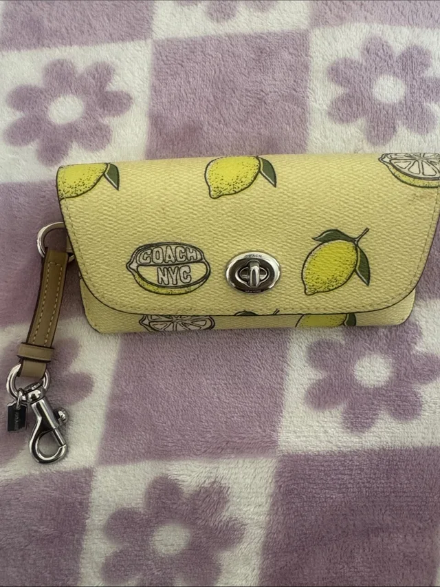 Coach Yellow Lemon Print Turnlock Wristlet in green|yellow Leather from Poshmark