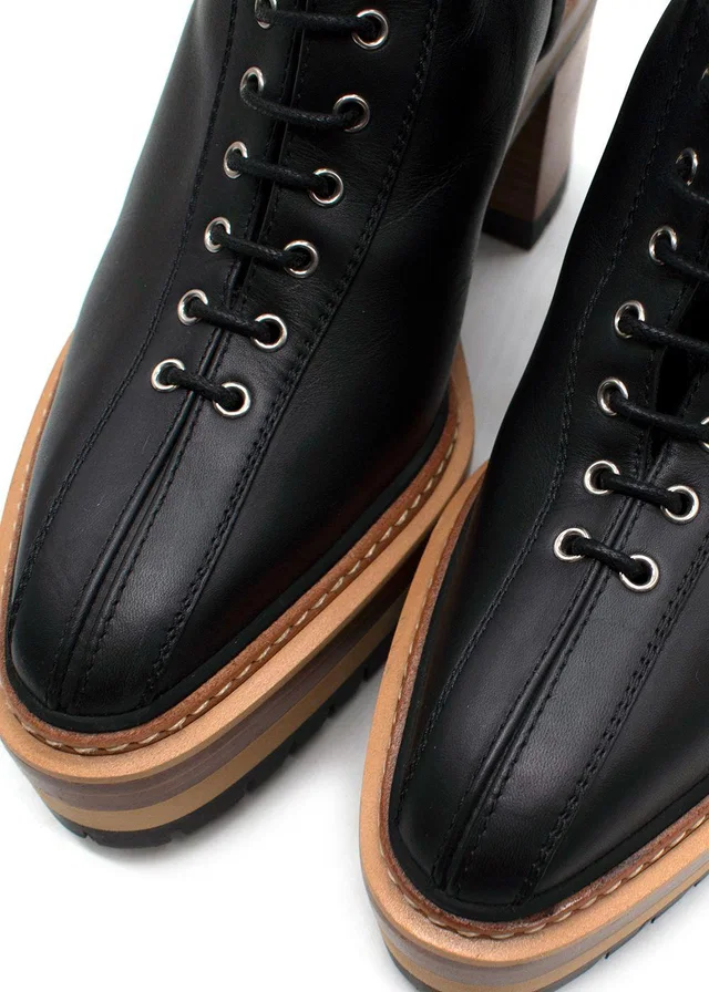 Hermès Black Leather Lace Up Platform Boots in Black Leather from HEWI