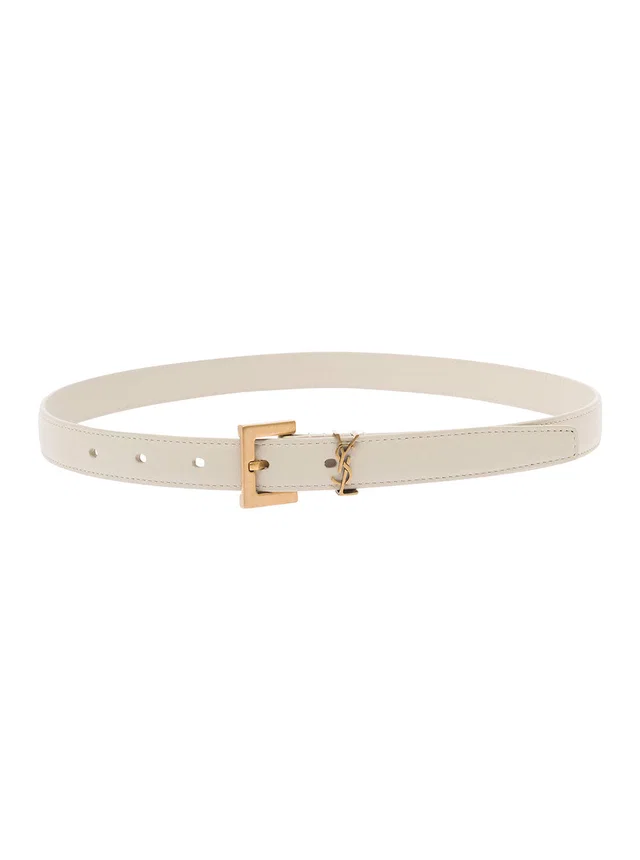 Calf Leather With Ysl Logo Buckle Belt — White in White Calfskin from HEWI