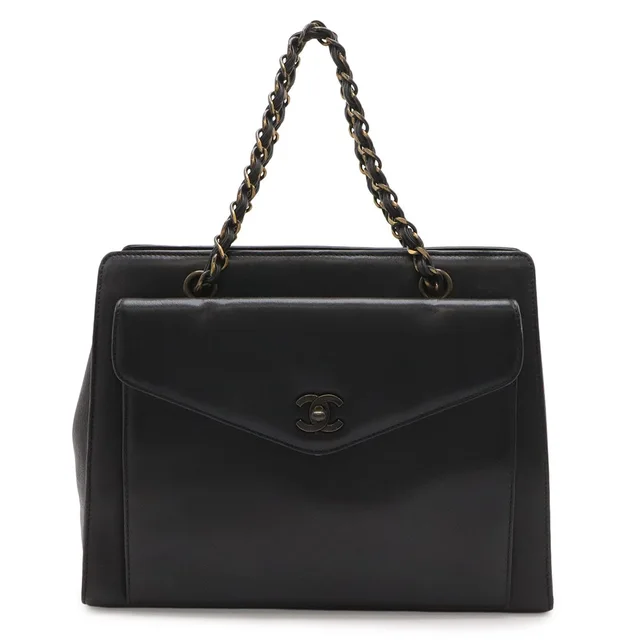 Chanel Chain Handle Tote Bag Leather Black Gold Vintage in Black Leather from The Reluxe
