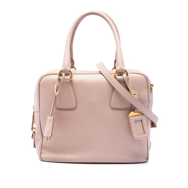 Pink Prada Small Saffiano Square Bauletto Satchel in Pink Saffiano leather from Designer Revival