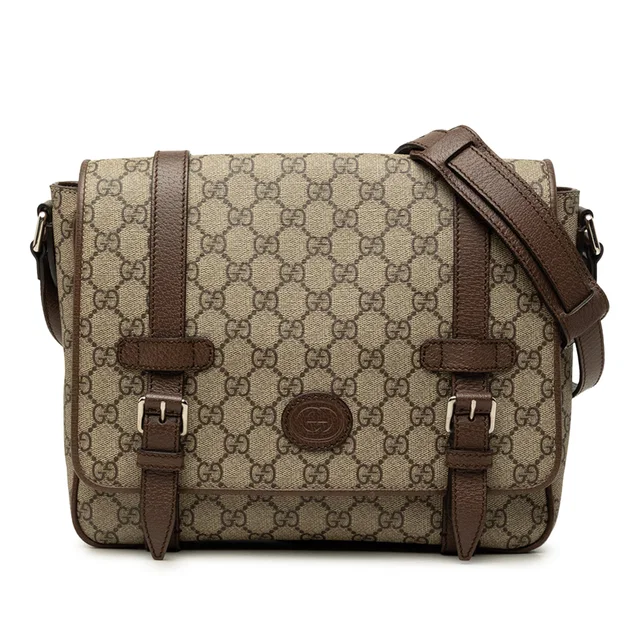 Beige Gucci GG Supreme Textured Dollar Calfskin Retro Interlocking G Flap Messenger Bag in Beige Calfskin from Designer Revival