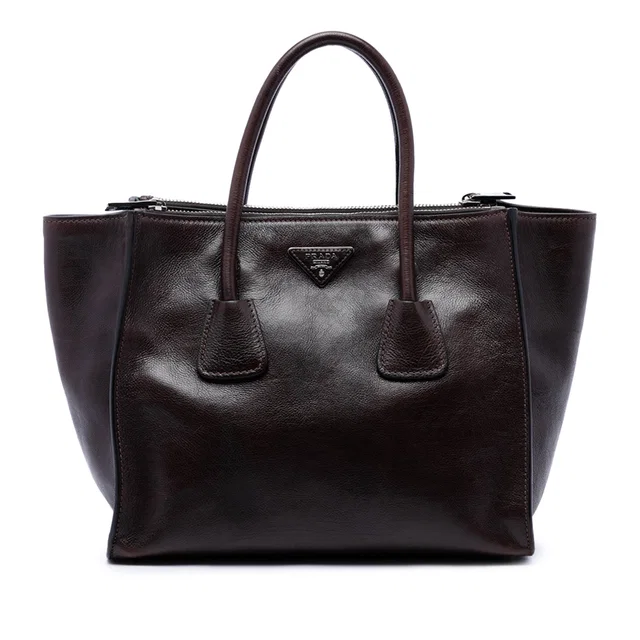 Brown Prada Glace Calf Twin Pocket Double Handle Satchel in Brown Calfskin from Designer Revival