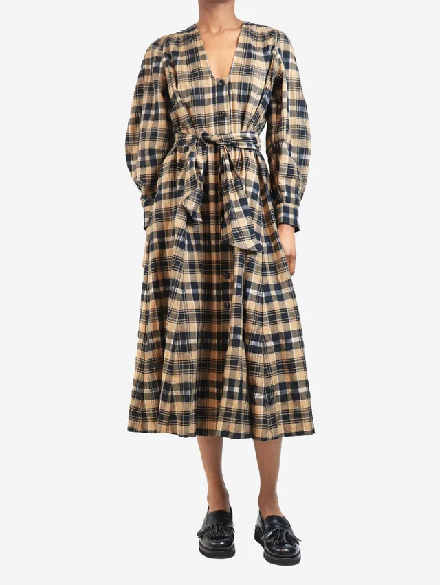 GANNI Brown check seersucker midi dress - size UK 6 in Brown from Sign of the Times