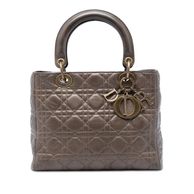 Brown Dior Medium Metallic Lambskin Cannage Lady Dior Satchel in Brown Lambskin from Designer Revival