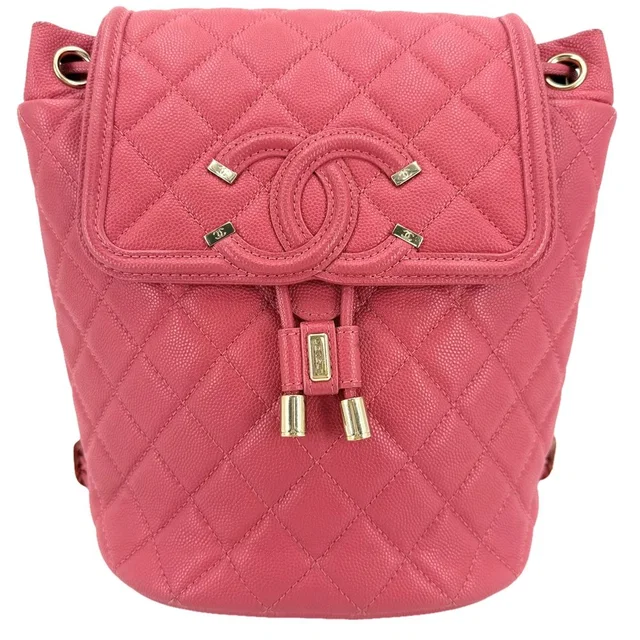 Chanel Backpack CC Filigree Quilted Chain Shoulder CC Logo Caviar Leather Pink in Pink Caviar leather from The Reluxe