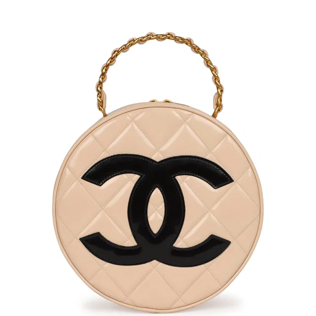 Chanel Vintage Round Vanity Bag Beige, Black Patent Leather Antique Gold Hardware in Black Patent leather from Madison Avenue Couture