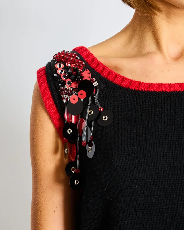 Prada Navy Knit Vest Top with Red Trim and Sequin Embellishments Size IT 44 (UK 12) in Red Cashmere from Sellier, photo 2 of 2