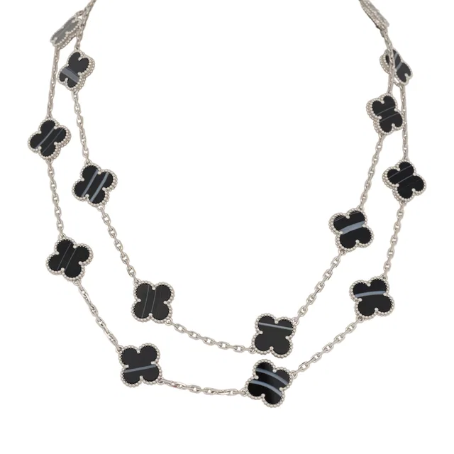 Van Cleef & Arpels Vintage Alhambra 20 Motif Long Necklace Veined Onyx 18K White Gold in White from Madison Avenue Couture