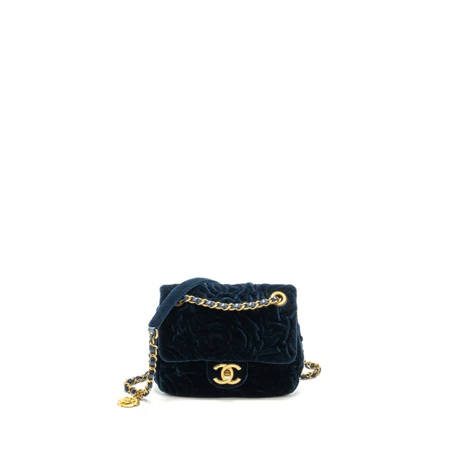 Chanel Camellia Embossed Mini Square Flap Bag Velvet Navy GHW (microchip) in Navy Velvet from EMIER
