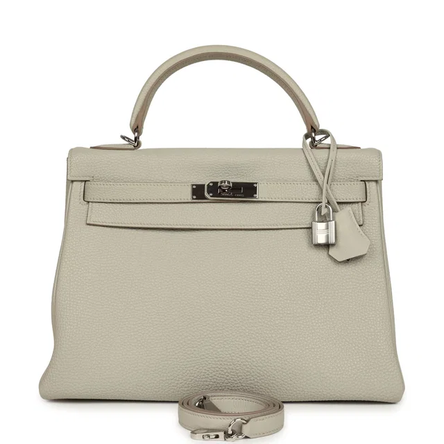 Hermès Kelly Retourne 32 Gris Perle Togo Palladium Hardware in Grey Togo leather from Madison Avenue Couture