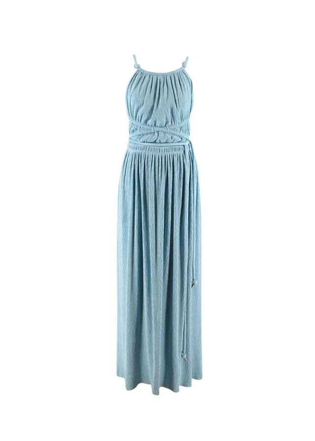 SIMKHAI Lillee Blue Backless Plissé Maxi Dress in Blue from HEWI