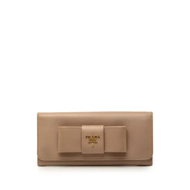 Brown Prada Saffiano Bow Continental Long Wallet in Brown Saffiano leather from Designer Revival