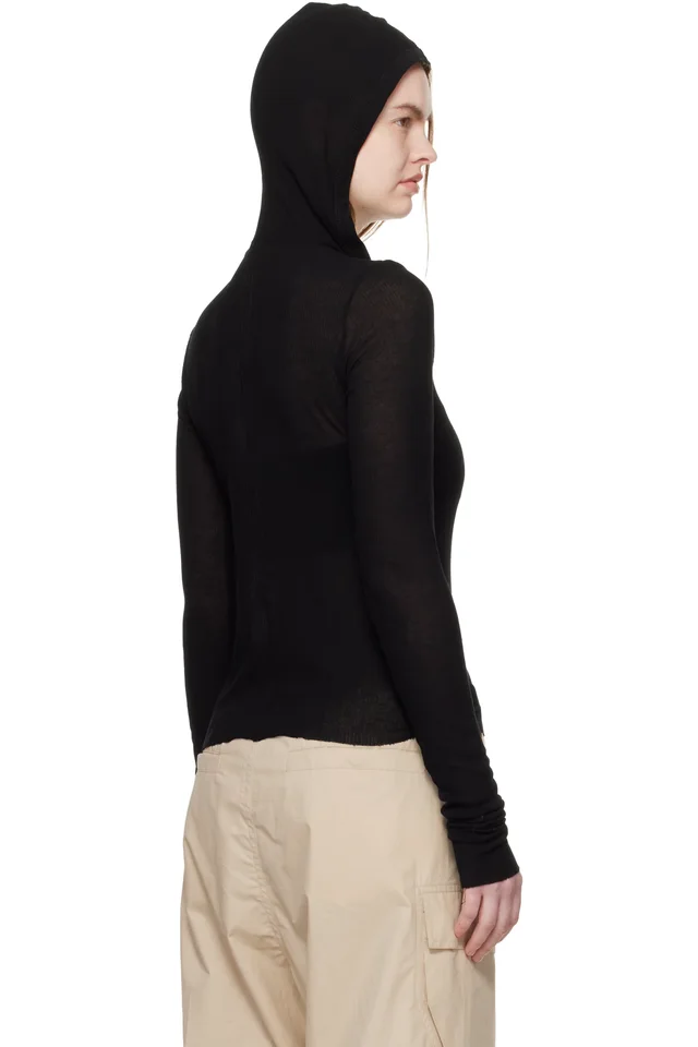 Rick Owens Black Temple Cropped Rib LS Hoodie, photo 3 of 4 from SSENSE